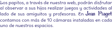 Los papitos, a través de nuestra web, podrán disfrutar al observar a sus hijos realizar juegos y actividades al lado de sus amiguitos y profesoras. En Jean Piaget contamos con más de 10 cámaras instaladas en cada uno de nuestros espacios.